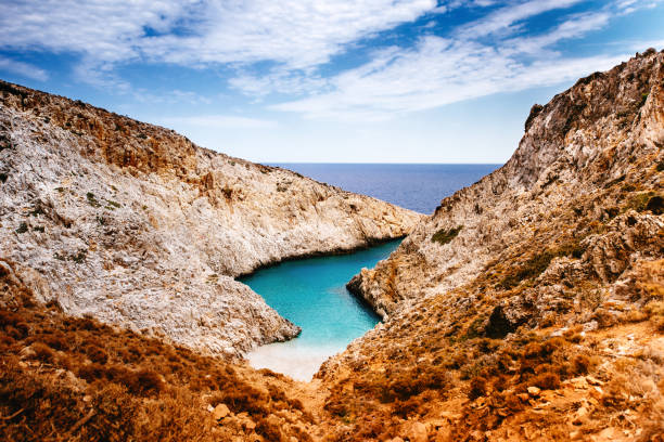 istock View from above - breathtaking view of remote, secluded beach. Cliffs and rocks on beach 1076050138
