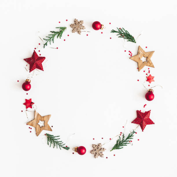 istock Christmas composition. Christmas wreath on white background. Flat lay, top view, copy space, square 1076055712