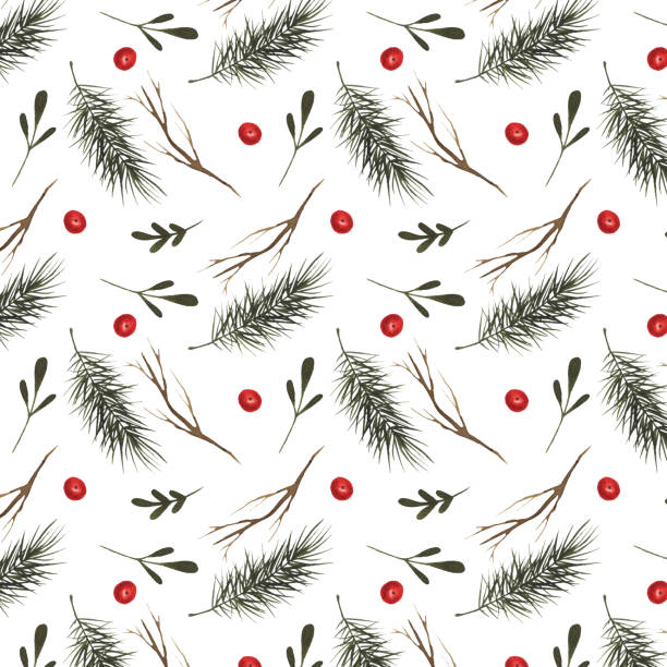 istock Seamless pattern with winter branches and berries. Pine, fie, mistletoe, red berries isolated on white backgroundSeamless pattern with winter branches and berries. Pine, fie, mistletoe, red berries isolated on white background 1076068532