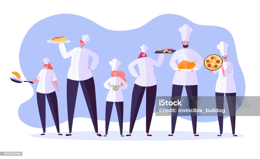 Chef characters set. Cartoon chief cooking in restaurant. Cook with tray and different meals. Food industry. Vector illustration Chef stock vector