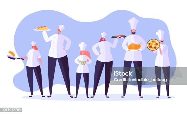 Chef Characters Set Cartoon Chief Cooking In Restaurant Cook With Tray And Different Meals Food Industry Vector Illustration Stock Illustration - Download Image Now