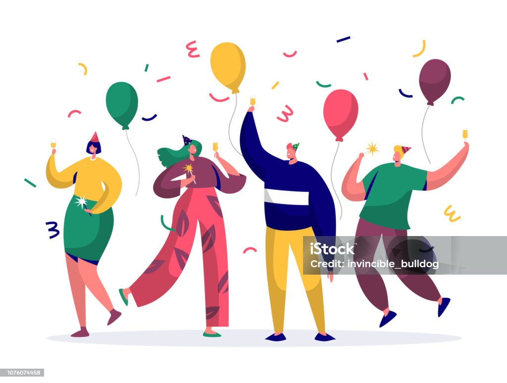 Gruppo di persone gioiose che celebrano il capodanno o la festa di compleanno. Personaggi uomo e donna in cappelli che si divertono e brindano con coriandoli e palloncini. Illustrazione vettoriale - arte vettoriale royalty-free di Compleanno