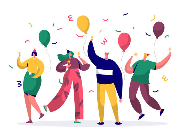새 해 또는 생일 파티를 축 하 하 즐거운 사람들의 그룹입니다. 색종이와 풍선 토스트를 재미 있고 모자에 남자와 여자 캐릭터. 벡터 일러스트 레이 션 - 축하 일러스트 stock illustrations