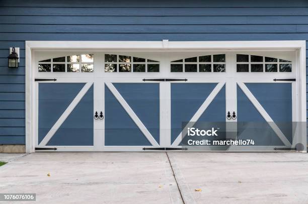 Wooden Garage With Driveway Stock Photo - Download Image Now - Garage, Door, Residential Building