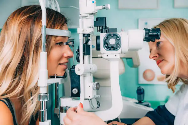Eye Exam. Applanation tonometry and eye pressure test in Ophthalmology