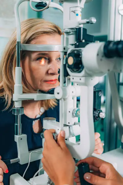 Eye Exam. Ophthalmologist Using Slit Lamp