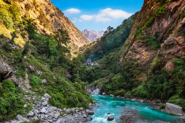 Langtang river in Nepal with human settlement in the background
