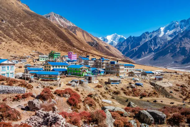 Kyanjin village at Langtang valley, Nepal, surrounded by the Tsergo Ri and Yala Peak mountains