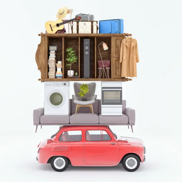 Home removal and transportation, Overloaded concept 3d render 3d illustration