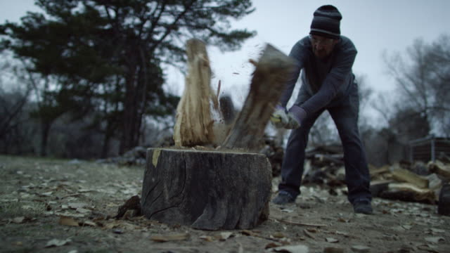 A Caucasian Man in His Forties with a Knit Hat and Safety Glasses Chops a Wooden Log in Half for Firewood with an Axe Surrounded by Trees Outside at Dusk on a Cloudy Day