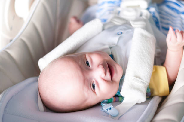 istock A newborn baby is fastened in a highchair for feeding with a five-point harness. Selective focus 1076090452
