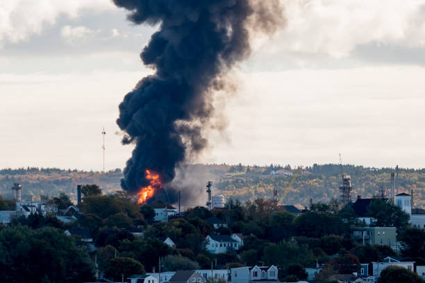 Fire At An Oil Refinery Large fire at an oil refinery seen from a distance. Only parts of the refinery visible behind the trees. Thick black smoke rises from the flames. emergency response workplace stock pictures, royalty-free photos & images