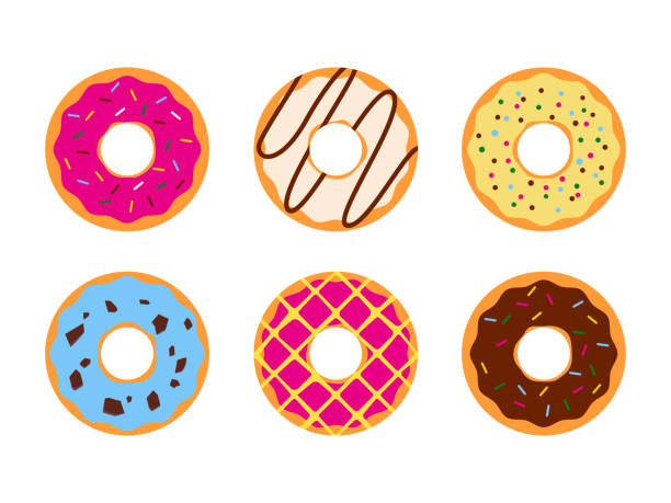 Set of colorful donuts glazed sweet sugar icing isolated on a white background Set of colorful donuts glazed sweet sugar icing isolated on a white background donuts stock illustrations