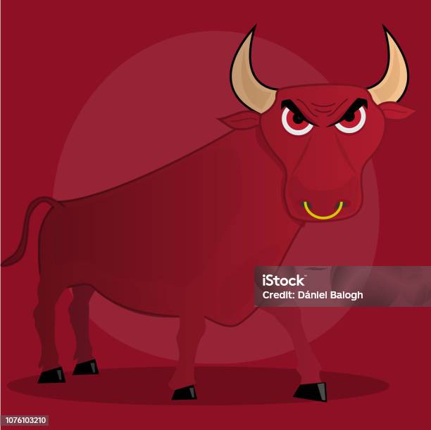 Angry Cartoon Bull Illustration On Red Background Stock Illustration - Download Image Now