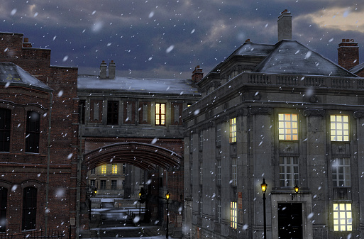 3D render of a winter street scene at night with 19th century city buildings