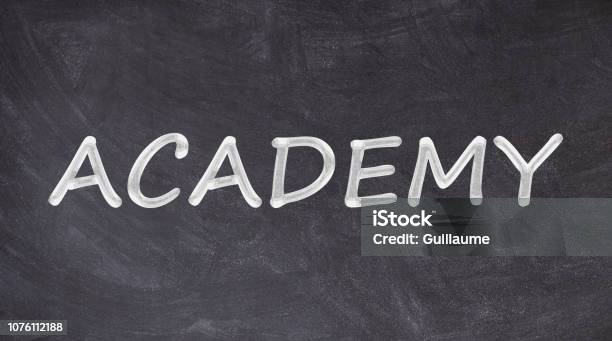 Academy Written On Blackboard Stock Photo - Download Image Now - 20-24 Years, Adult Student, Alphabet