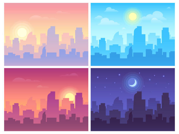 ilustraciones, imágenes clip art, dibujos animados e iconos de stock de paisaje urbano durante el día. mañana, día y noche paisaje del skyline de la ciudad, edificios de la ciudad en diferentes tiempo y urbano vector fondo - dusk