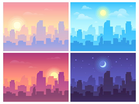 Daytime cityscape. Morning, day and night city skyline landscape, town buildings in different time and urban cityscape town sky. Architecture silhouette vector background collage set