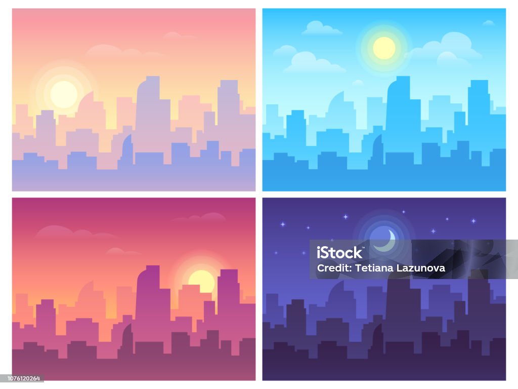 Daytime Cityscape Morning Day And Night City Skyline Landscape Town  Buildings In Different Time And Urban Vector Background Stock Illustration  - Download Image Now - iStock