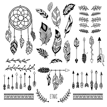 Boho art. Tribal arrow feather, bohemian floral border and hippie fashion frame, magic meditation ornament and ethnic dreamcatcher. Tattoo sketch vector isolated elements symbols set