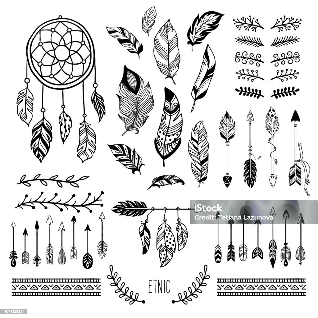 Boho art. Tribal arrow feather, bohemian floral border and hippie fashion frame vector elements set Boho art. Tribal arrow feather, bohemian floral border and hippie fashion frame, magic meditation ornament and ethnic dreamcatcher. Tattoo sketch vector isolated elements symbols set Feather stock vector