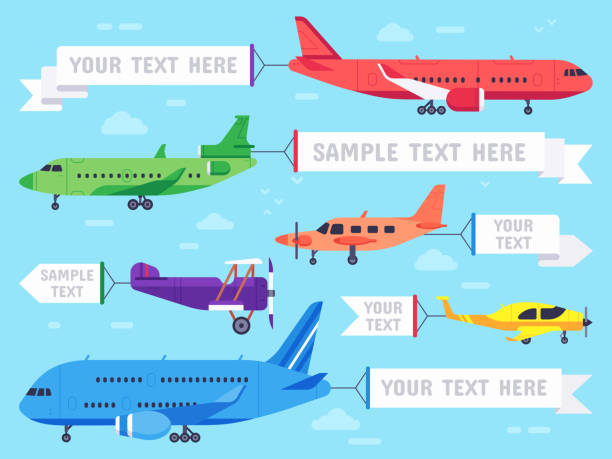 Airplane with banner. Flying ad aeroplane, aviation aircraft banners and airline plane ads vector illustration Airplane with banner. Flying ad aeroplane, aviation aircraft banners and airline plane ads or sky plane aerial banner. Flying advertising biplane ribbon flat vector illustration airport borders stock illustrations
