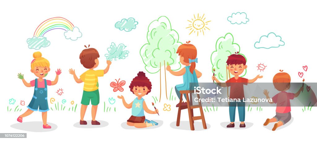 Kids Drawing On Wall Childrens Group Draw Color Paintings On Walls Child  Paint Art Cartoon Vector Illustration Stock Illustration - Download Image  Now - iStock