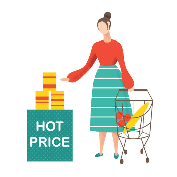 illustrazioni stock, clip art, cartoni animati e icone di tendenza di giovane donna che fa shopping e sceglie i prodotti al supermercato. - shopping supermarket department store women