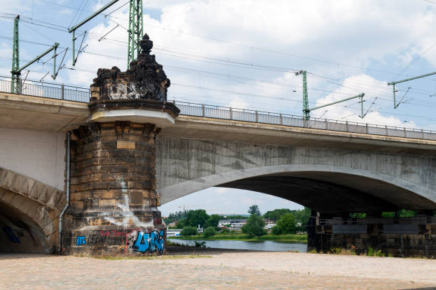 Dresden, Germany - June 17, 2018. Marienbrucke bridge over the Elbe River in Dresden, Saxony, Germany.