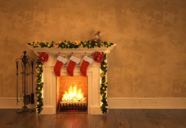 fireplace with christmas decoration 3d rendering - fire place imagens e fotografias de stock