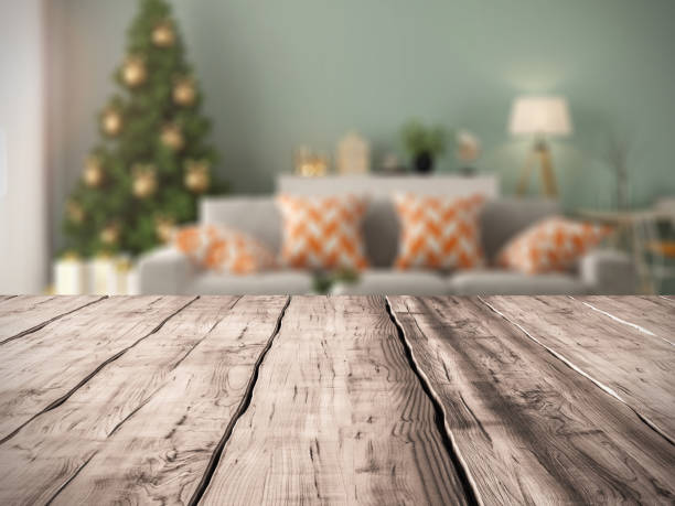 istock Table background and Interior of modern living room with christmas tree 3D rendering 1076129770