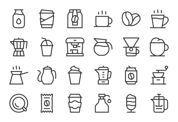 ilustrações de stock, clip art, desenhos animados e ícones de coffee icons - light line series - cup coffee pot coffee coffee cup