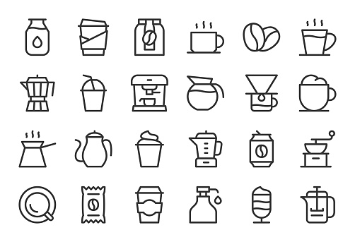 Coffee Icons Light Line Series Vector EPS File.