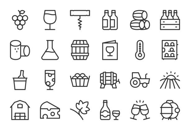 ilustrações de stock, clip art, desenhos animados e ícones de winery icons - light line series - wine cellar wine bottle grape