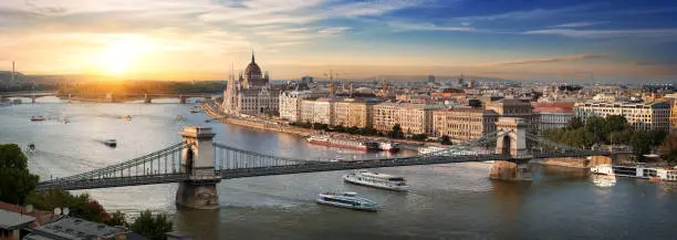 View of Budapest landmarks at beautiful sunset