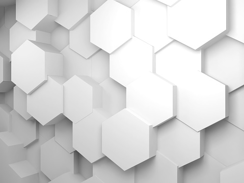 Abstract blank white interior background with hexagon pattern on wall, 3d illustration