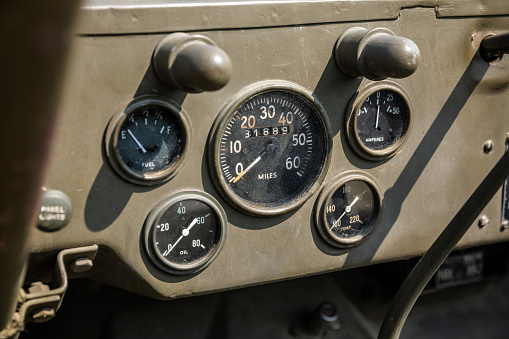 Dashboard of military green khaki vehicle of the WWII