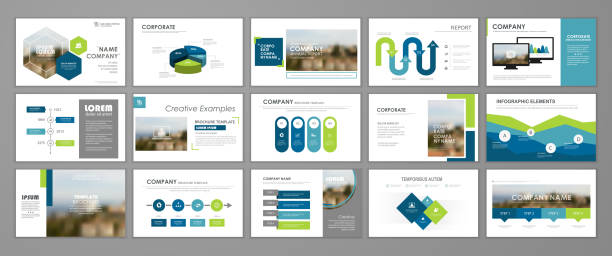 Corporate slideshow templates Blue and green abstract presentation slide templates. Infographic elements template  set for web, print, annual report brochure, business flyer leaflet marketing and advertising template. Vector Illustration slide templates stock illustrations