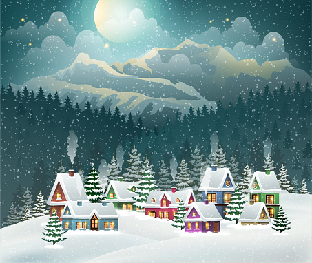 Evening village winter landscape with snow covered houses and mountains. Christmas holidays vector illustration