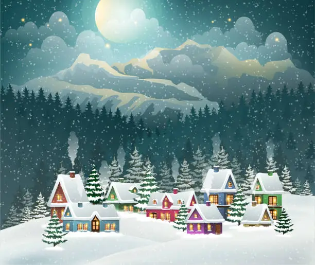 Vector illustration of Christmas winter village and mountains.