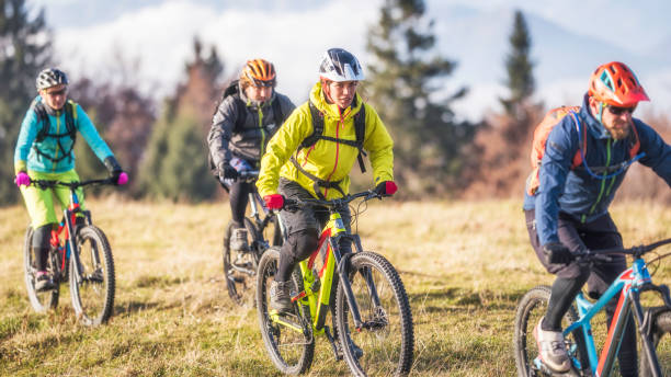 istock Front view of four friends mountain biking 1076160246