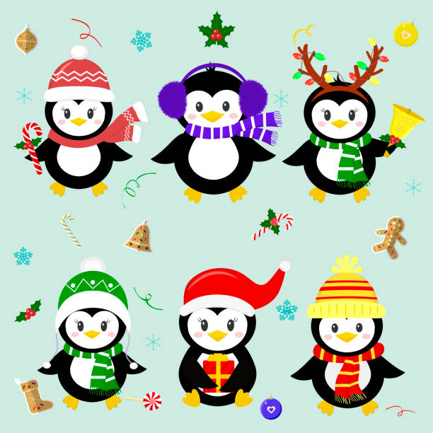 istock Set of six lucky Christmas penguin character in different hats and accessories. Celebrates New Year and Christmas. Cartoon style, vector 1076167040