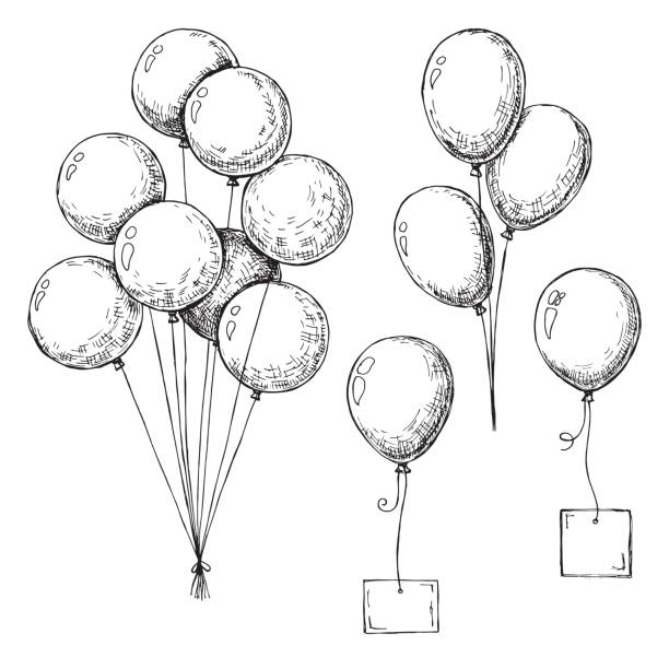 Set of different balloons. Inflatable balls on a string. Inflatable balloons with a card for text. Sketch Set of different balloons. Inflatable balls on a string. Inflatable balloons with a card for text. Sketch happiness drawings stock illustrations