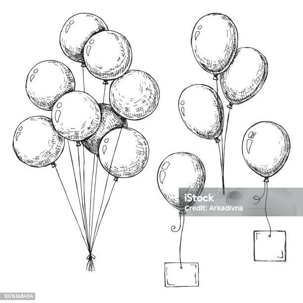 Set Of Different Balloons Inflatable Balls On A String Inflatable Balloons With A Card For Text Sketch Stock Illustration - Download Image Now