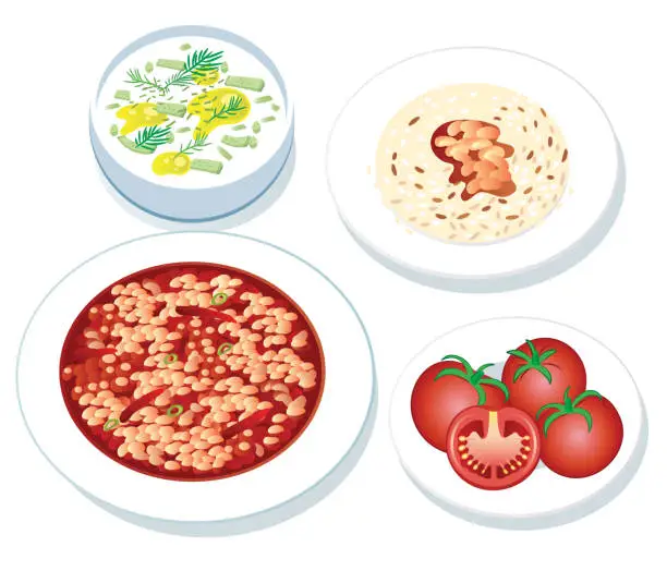 Vector illustration of Baked beans and Rice and Tzatziki, Tomato, Kuru Fasülye