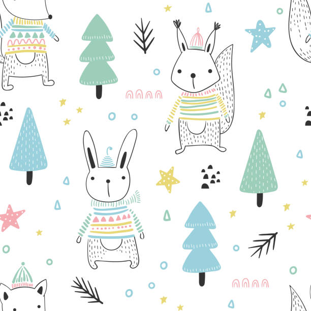 Cute forest animals seamless pattern Seamless pattern with a cute squirrel, fox and hare in Scandinavian style. Vector funny illustration for children. background of the crazy squirrel stock illustrations