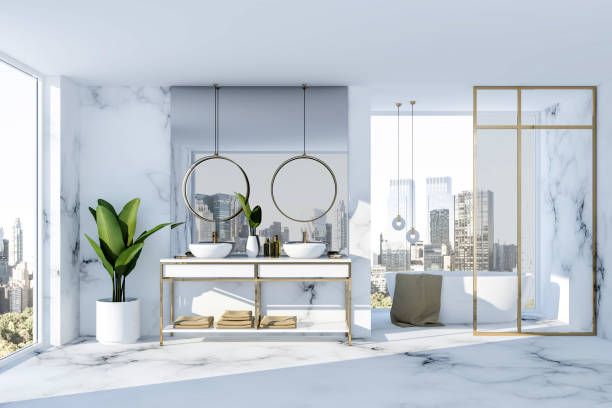 istock Luxury bathroom interior, tub and double sink 1076180414