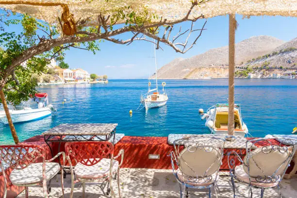 idyllic view on sea from greek island Symi
