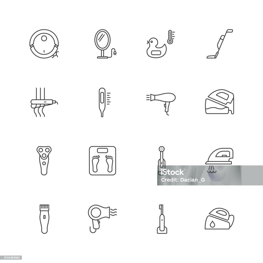 Home appliances line icons.Bathroom electric devices vector icons.Editable stroke. Home appliances line icons.Bathroom electric devices vector icons.Editable stroke. eps 10 Dryer stock vector