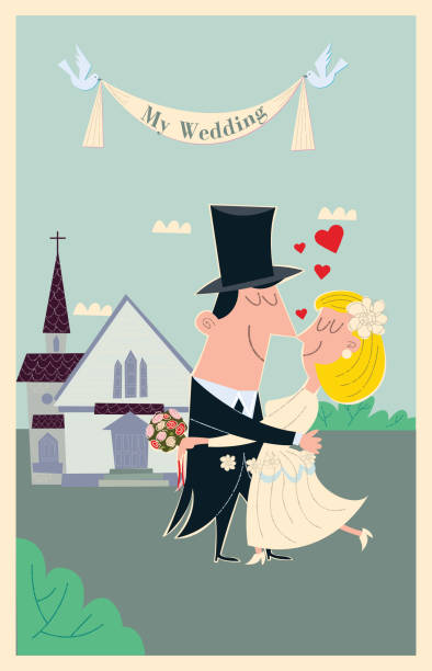 Just married couple / Wedding This couple is happy, enjoying their love because they just got married in a big wedding kissing on the mouth stock illustrations